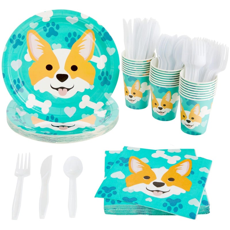 Blue Panda 144 Piece Corgi Party Supplies, Dog Birthday Decorations with Paper Plates, Napkins, Cups, and Cutlery (Serves 24) - Image 1